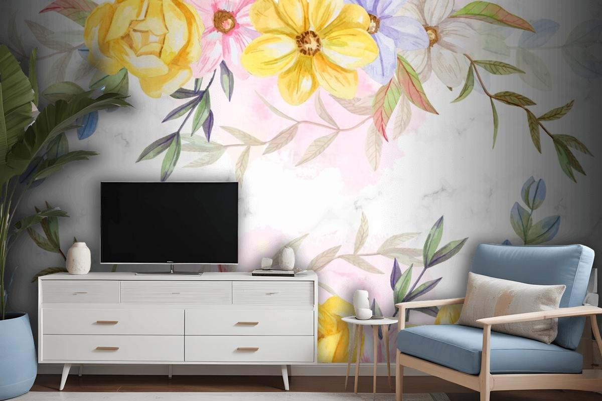 Background Watercolor Flowers In Pastel Colors Wallpaper Mural