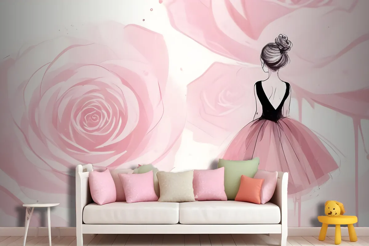 Ballerina Girl And Pink Roses Wallpaper Mural