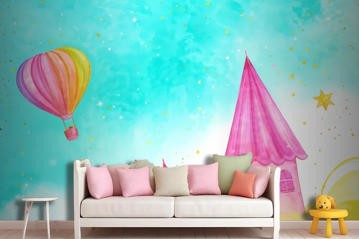 Balloon With A Flying Fairytale Watercolor Wallpaper Mural