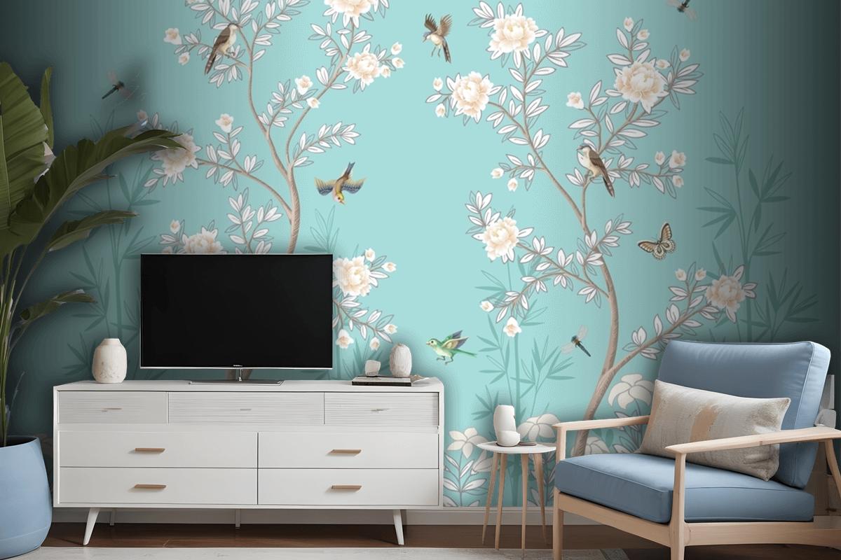 Chinoiserie Mural With Peonies And Birds Turquoise Wallpaper Mural