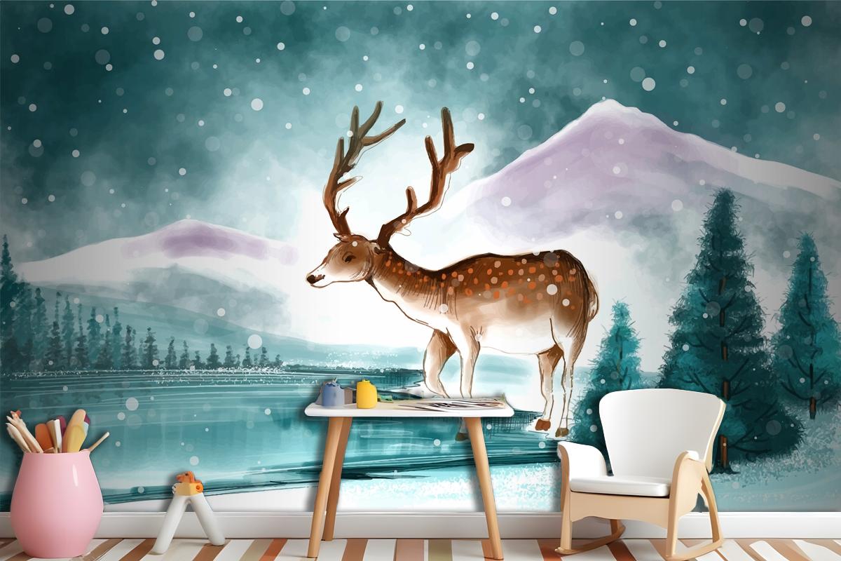 Beautiful Christmas Landscape In Winter With Christmas Deer Card Wallpaper Mural