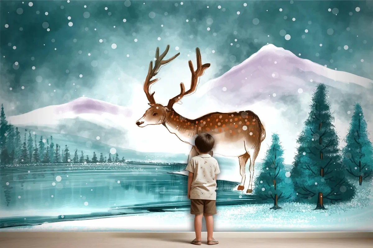 Beautiful Christmas Landscape In Winter With Christmas Deer Card Wallpaper Mural