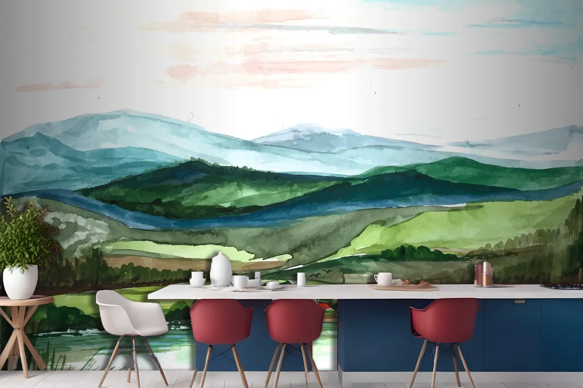 Beautiful Landscape Mountain Hand Draw Painting Wallpaper Mural