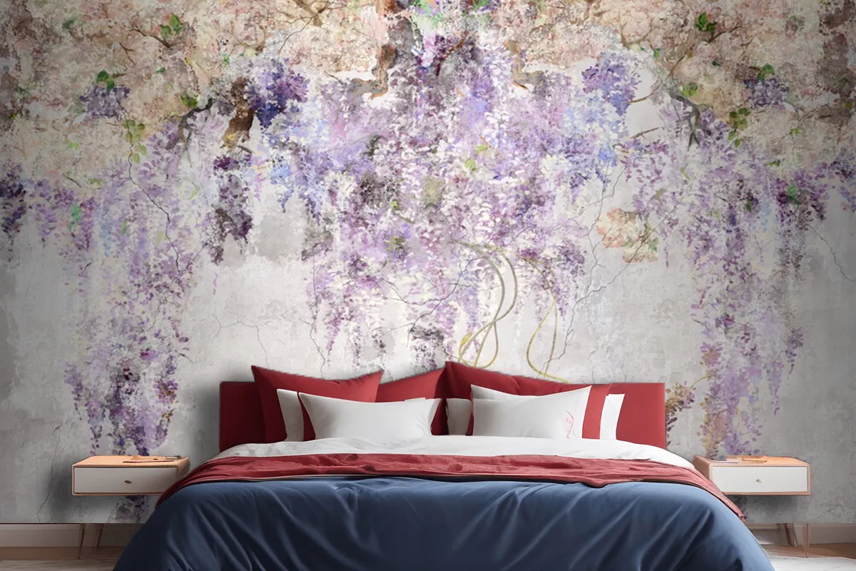 Beautiful Lilac Branches On The Concrete Grey Vintage Wallpaper Mural