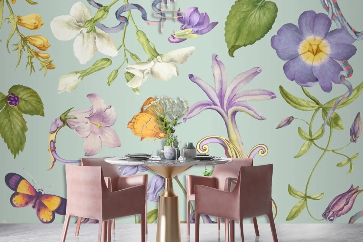 Beautiful Purple Floral Pattern On Green Wallpaper Mural