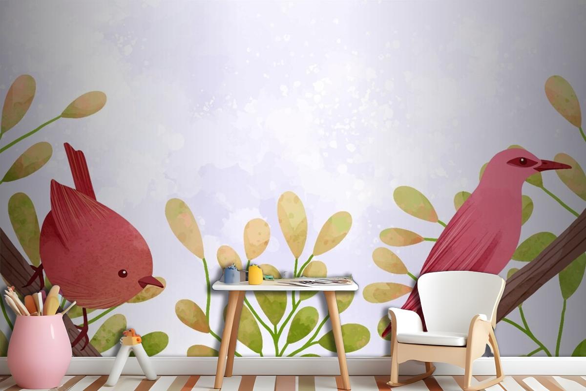 Beautiful Watercolor Of Birds Sitting On Branches Girl Wallpaper Mural