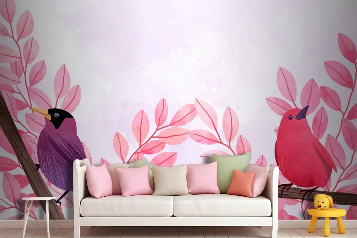 Beautiful Watercolor Of Birds Sitting On Branches Wallpaper Mural