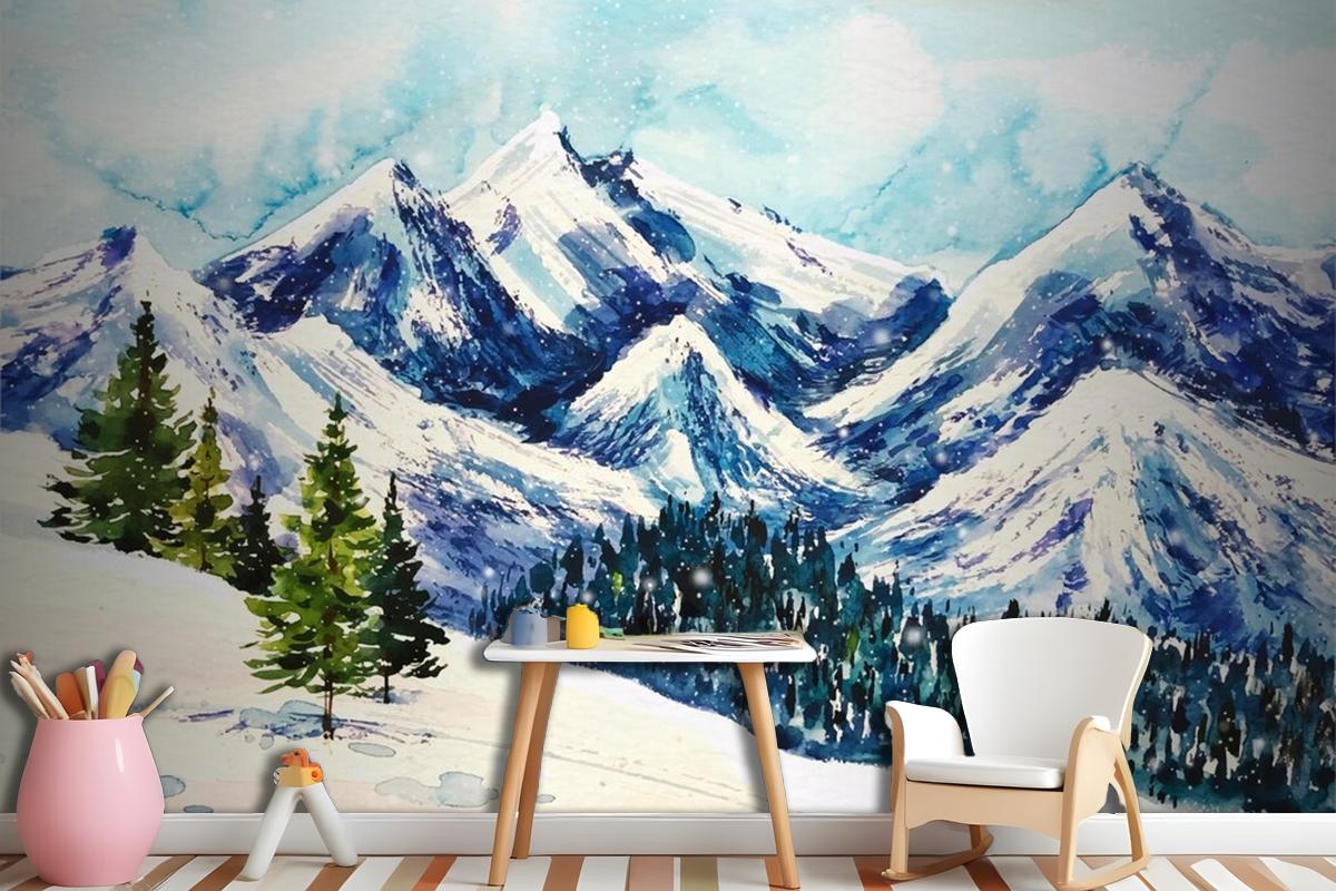 Beautiful Winter Landscape In Watercolor Background Wallpaper Mural