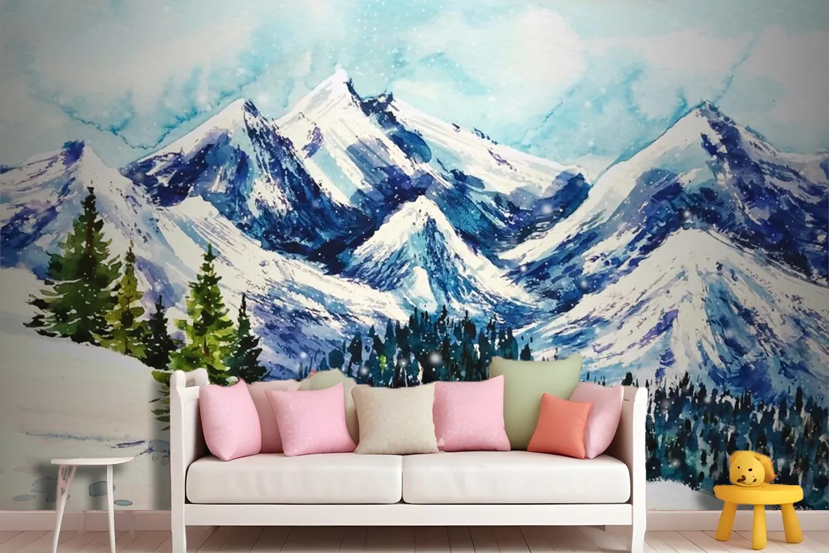 Beautiful Winter Landscape In Watercolor Background Wallpaper Mural