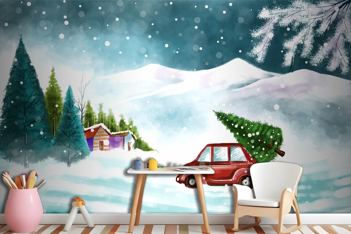 Beautiful Winter Landscape With Car In Snowy Christmas Tree Wallpaper Mural