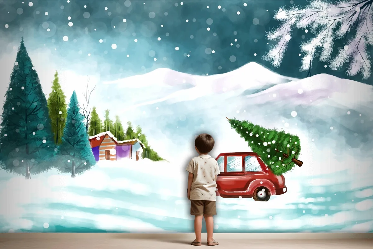 Beautiful Winter Landscape With Car In Snowy Christmas Tree Wallpaper Mural