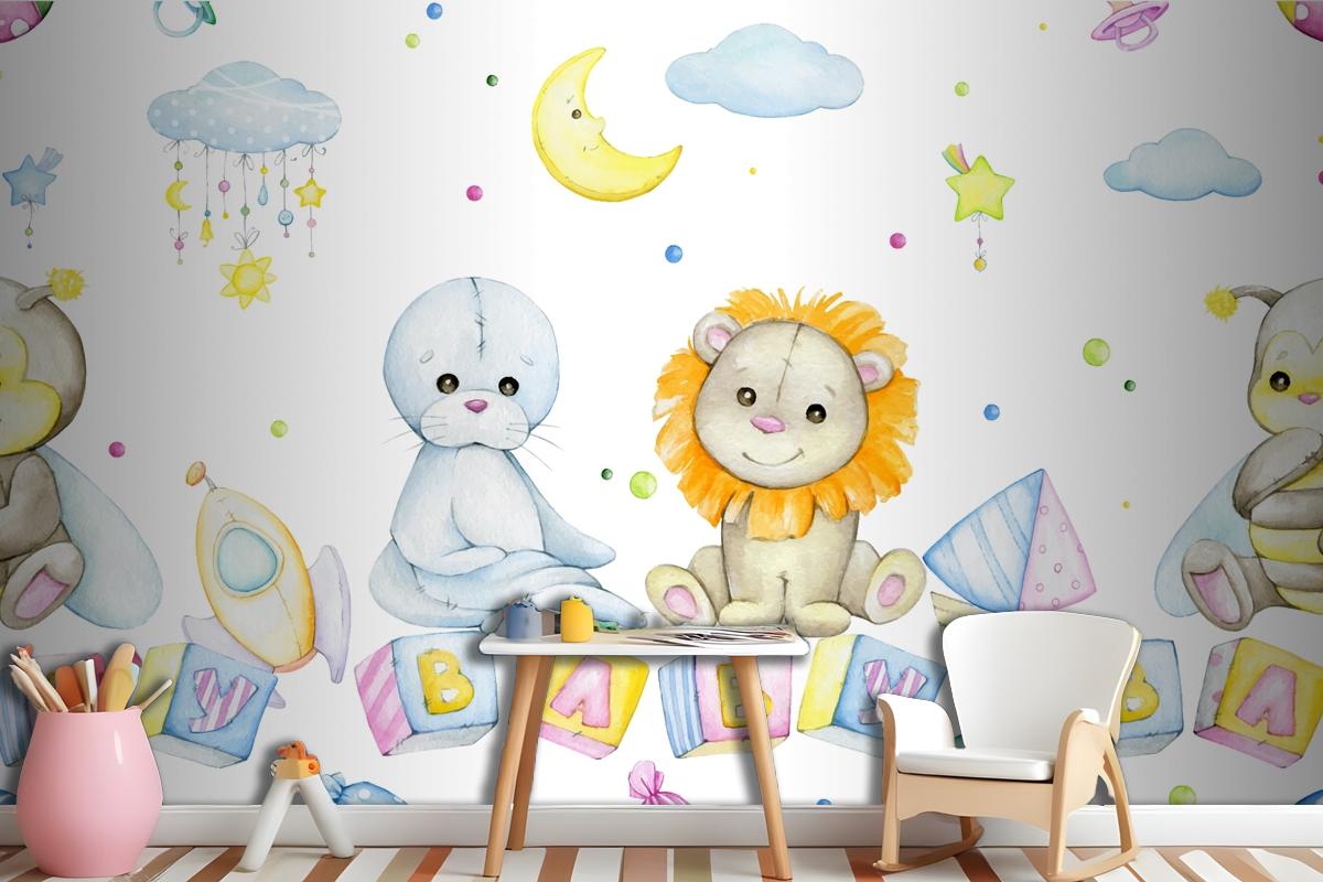 Bee Lion Seal Cubes With Letters Moon Stars Clouds Wallpaper Mural