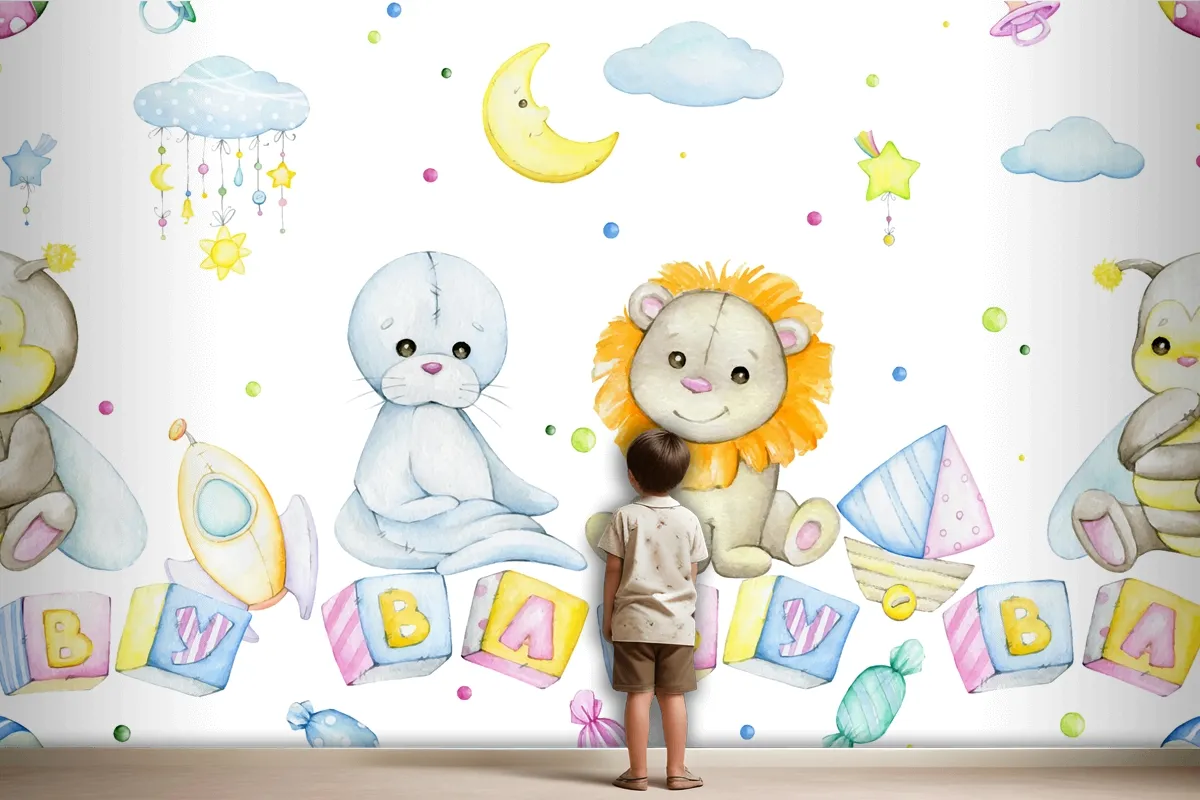 Bee Lion Seal Cubes With Letters Moon Stars Clouds Wallpaper Mural