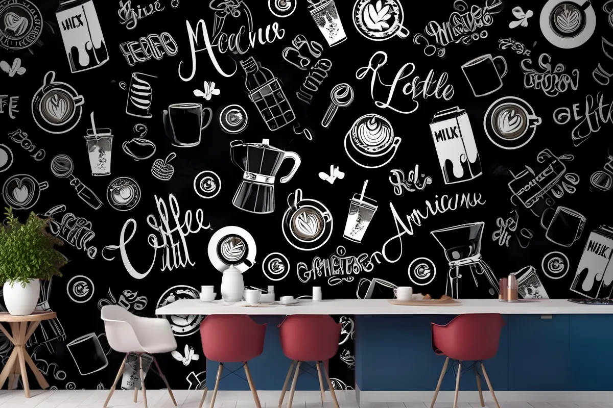 Black & White Coffee Cup Pattern Wallpaper Mural