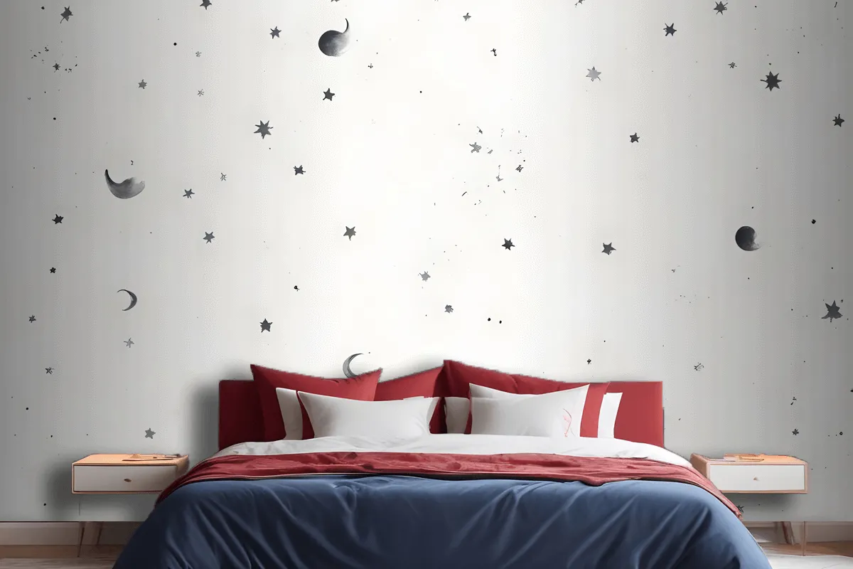 Black & White Moon & Stars Wallpaper Mural