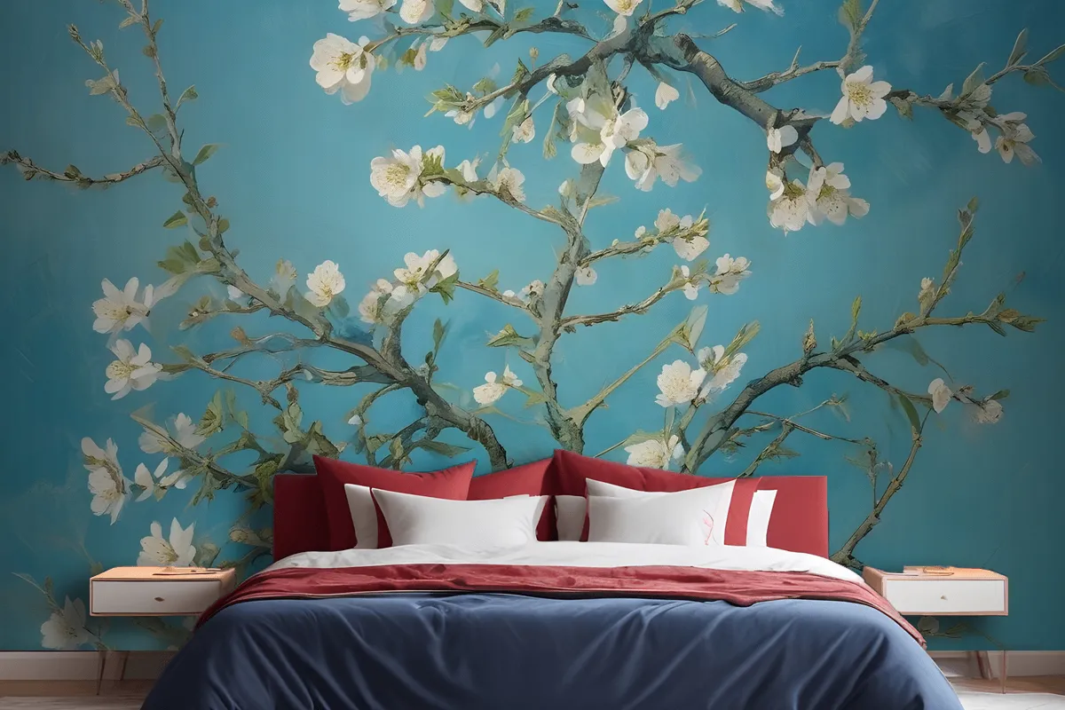Blooming Almond Tree Branches Against A Blue Sky Wallpaper Mural
