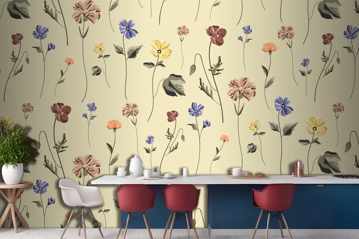 Blooming Flower Seamless Pattern On A Beige Wallpaper Mural