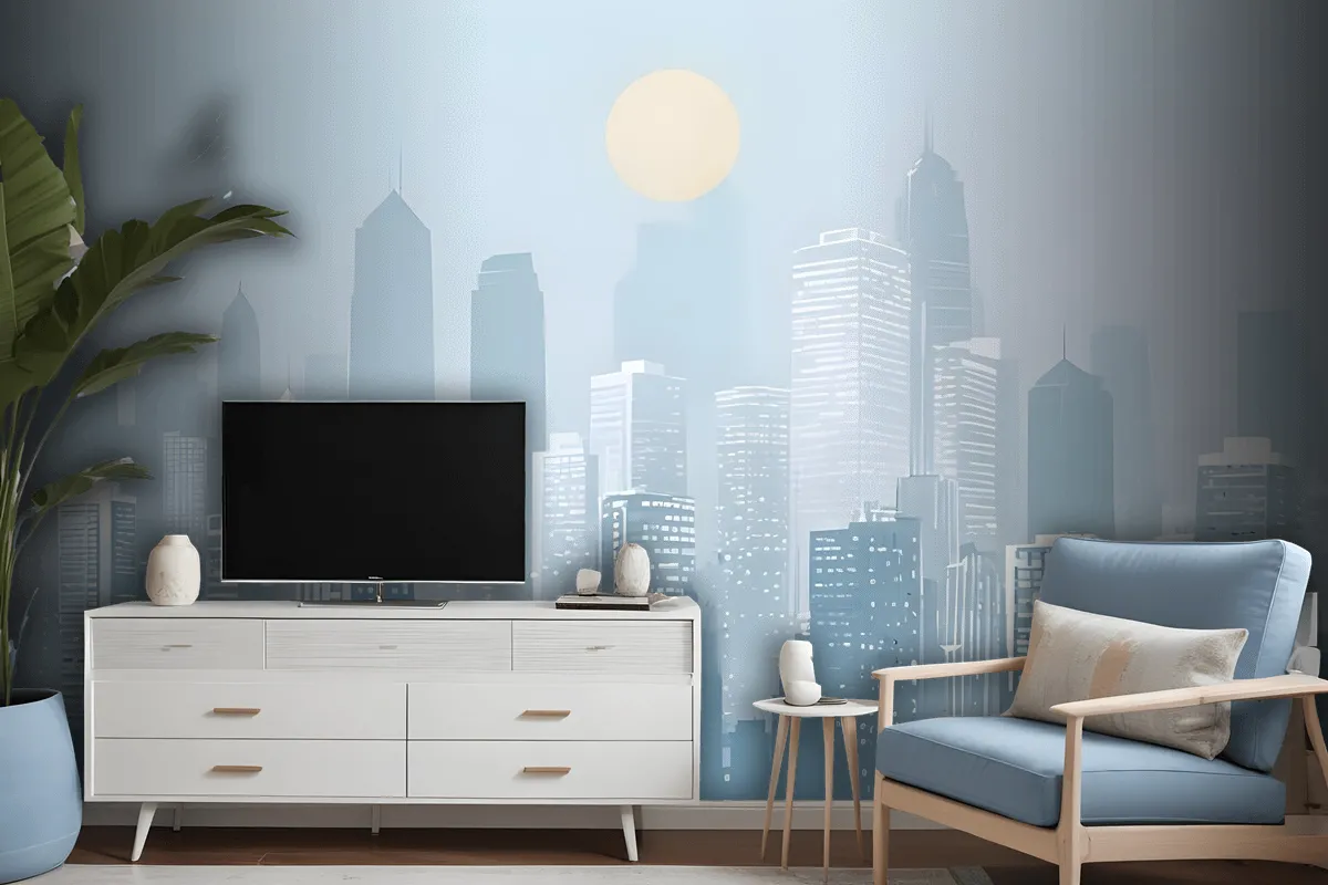 Blue Monochrome Cityscape And Soft Sun Wallpaper Mural