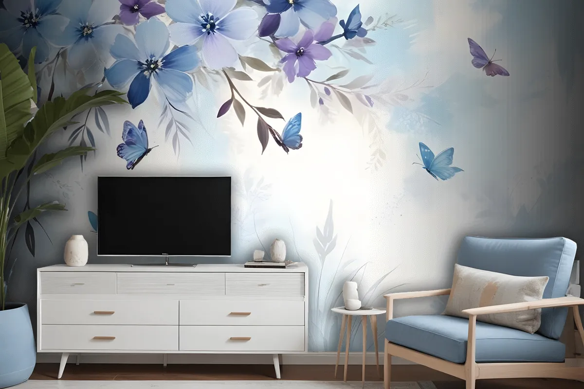 Blue Purple Floral With Little Butterfly Wallpaper Mural