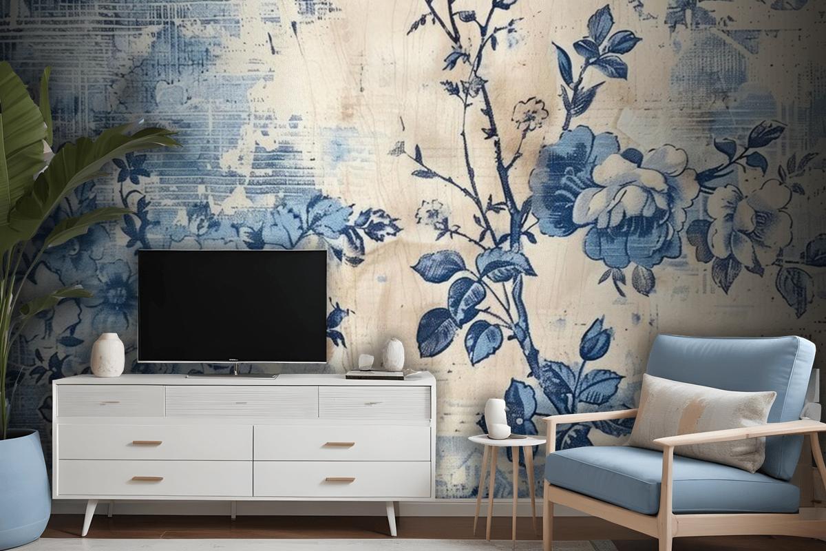 A Blue And White Floral Print Is On A Blue And White Wallpaper Mural