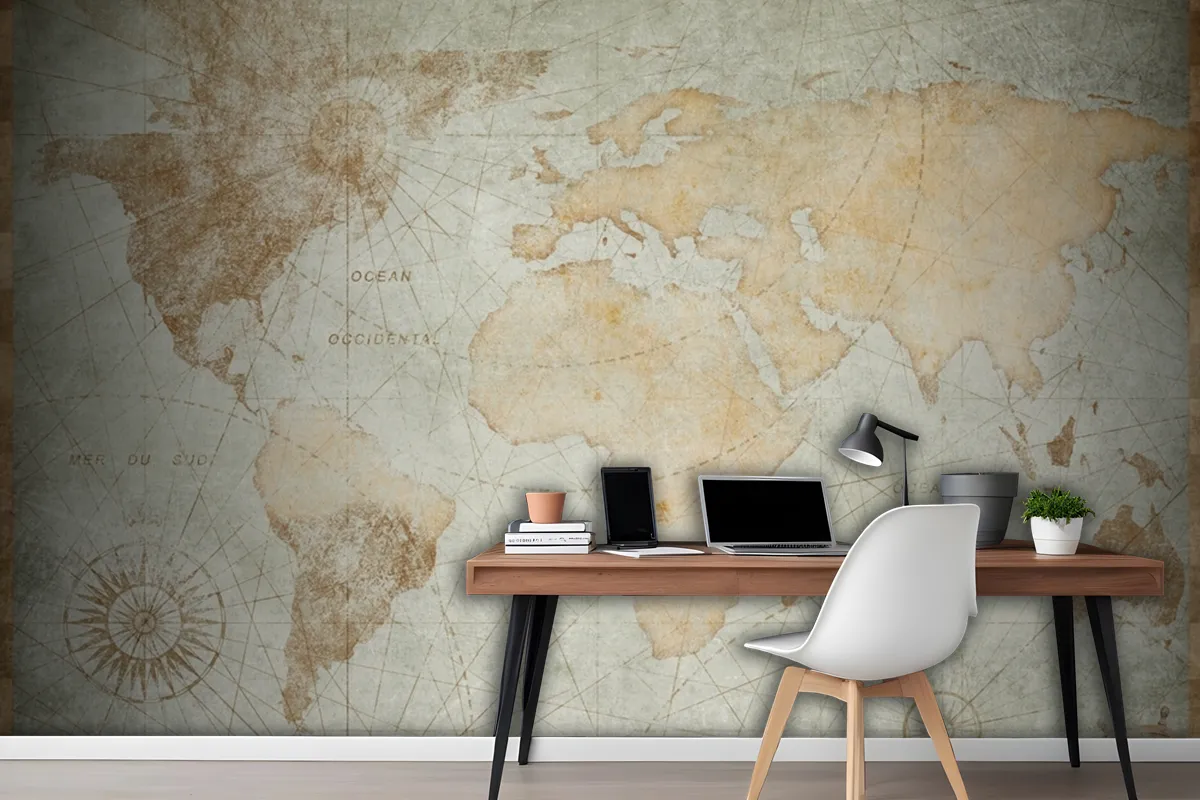 Blue Worn Vintage World Map Wallpaper Mural