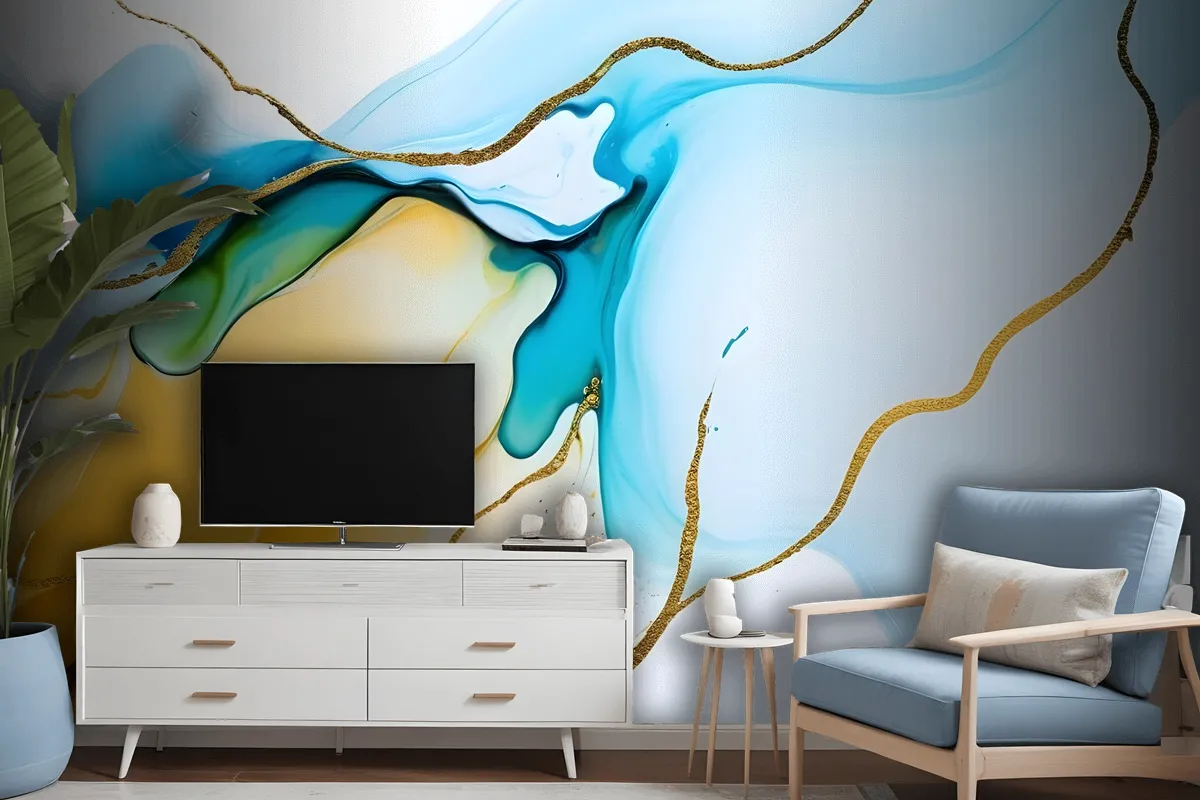 Blue Yellow Watercolor Brush With Modern Lines Wallpaper Mural