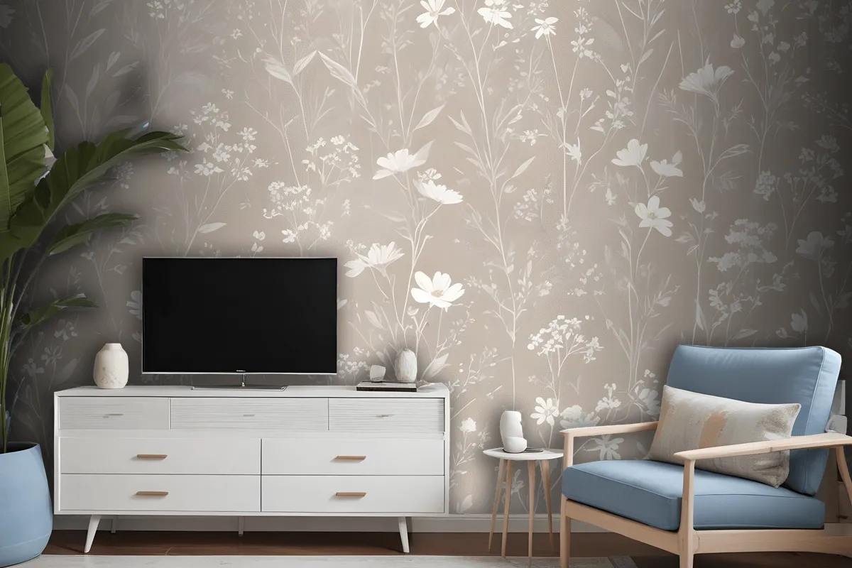 Bohemian Style Neutral Color Wild Flowers Art Wallpaper Mural