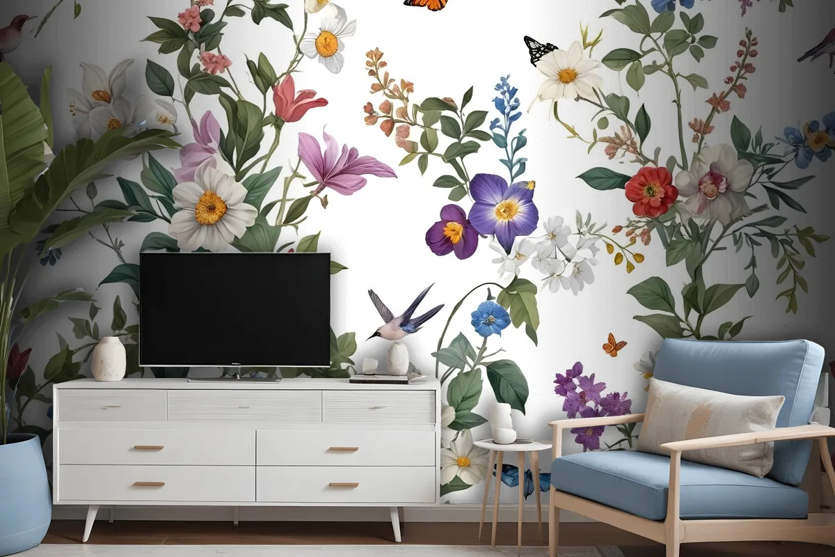 Botanical Flowers Floral With Birds Wallpaper Mural