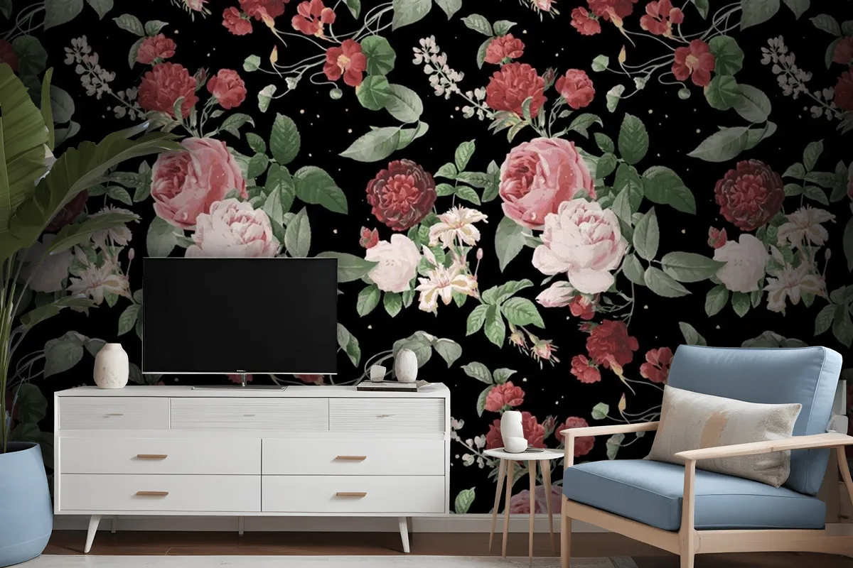 Botanical Valentine's roses pattern watercolor wallpaper mural