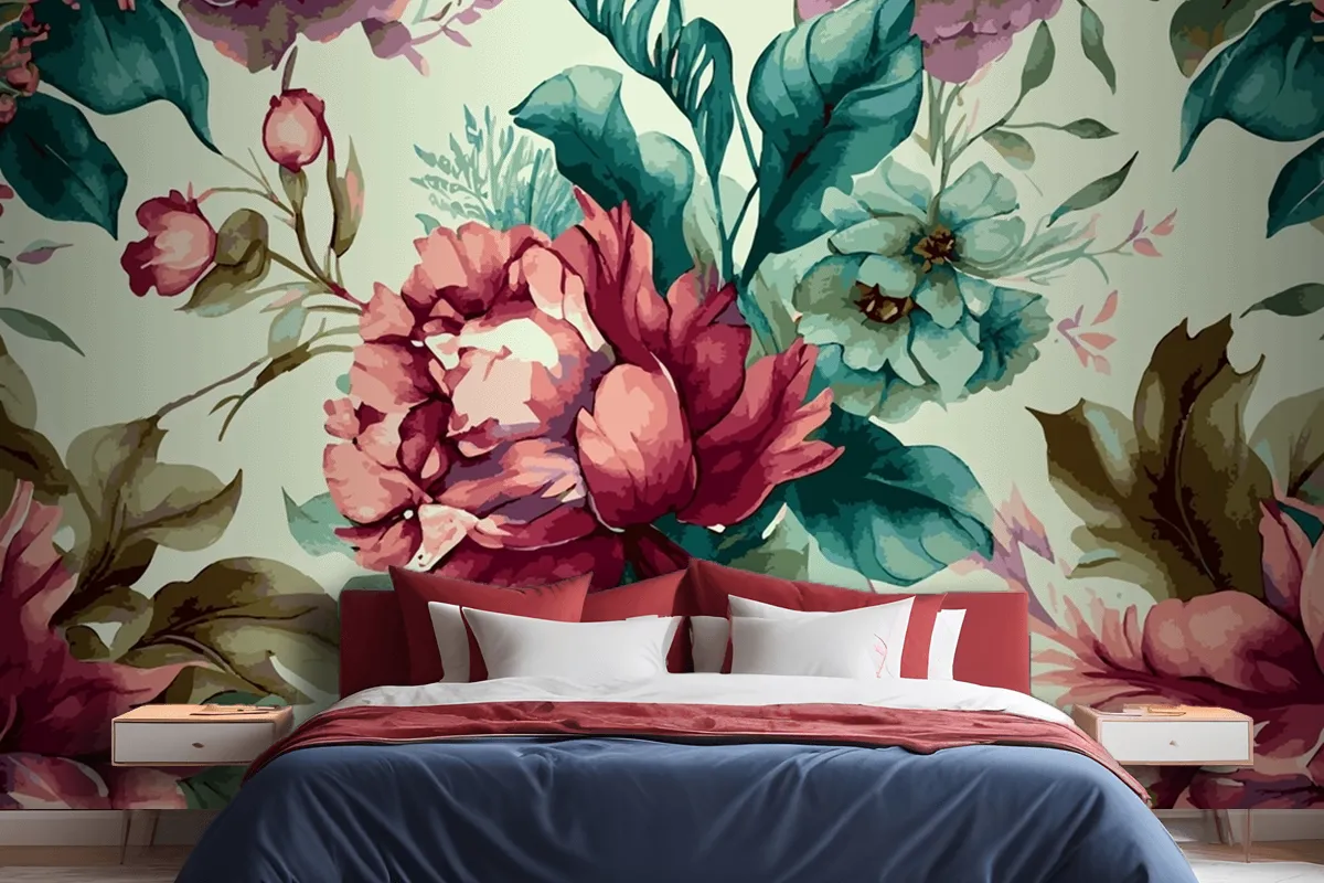 Botanical Watercolor Hand Drawn Flowers Wallpaper Mural