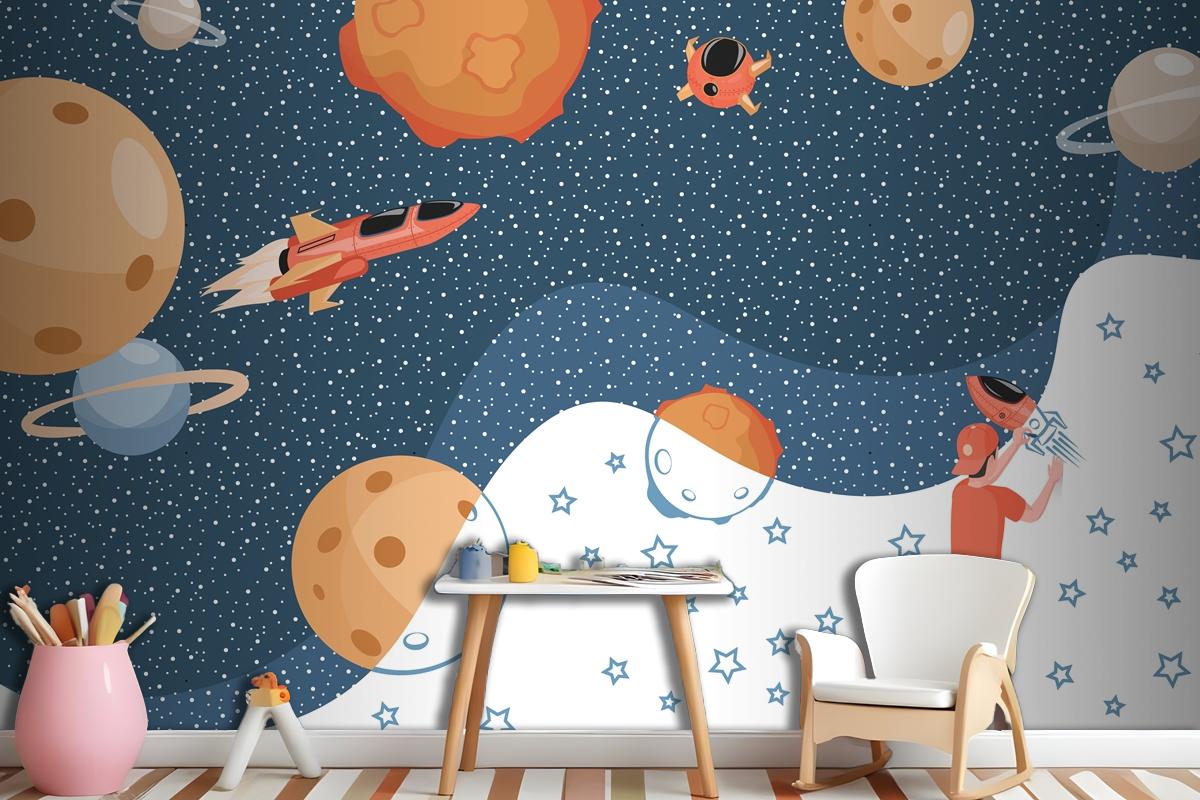 Boy Drawing Cosmos Planets Spaceships And Stars Wallpaper Mural