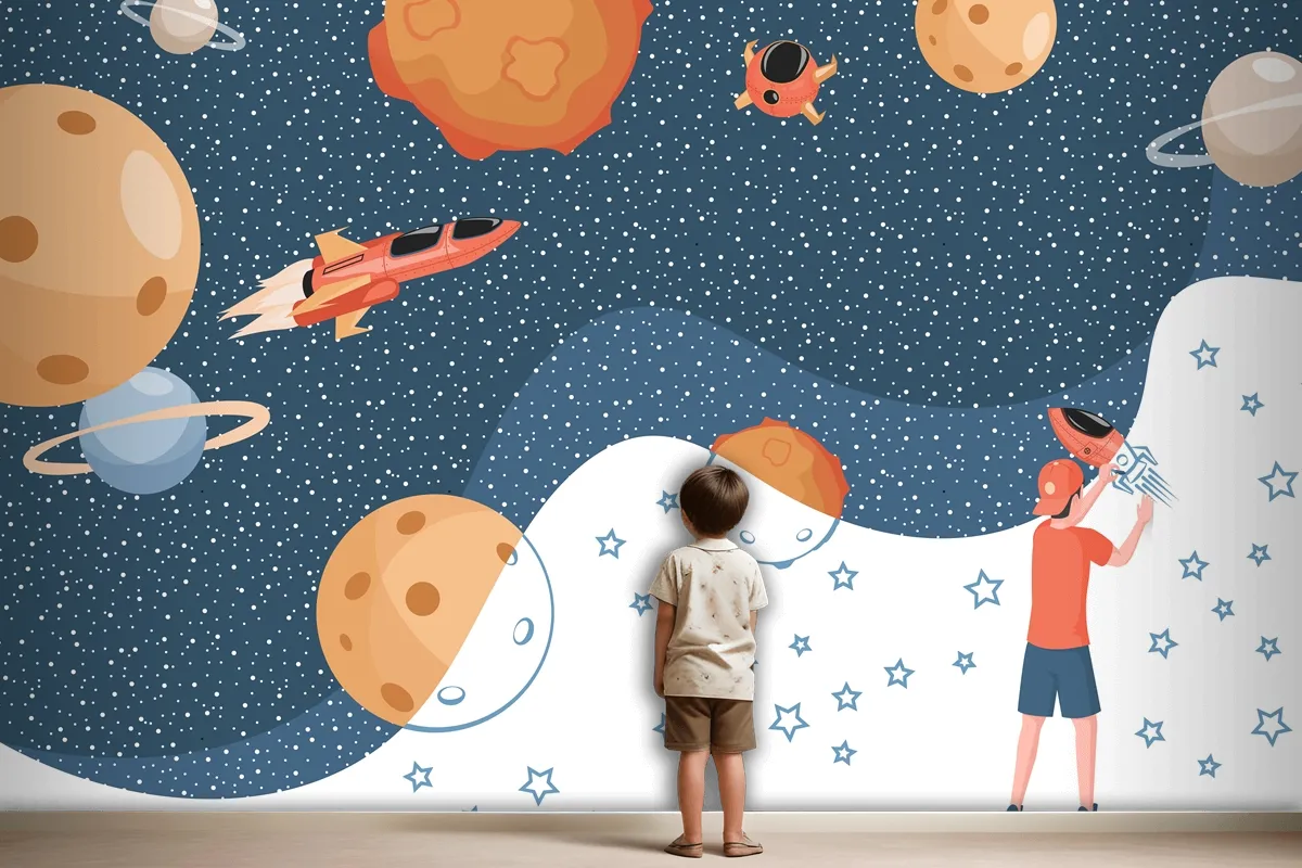 Boy Drawing Cosmos Planets Spaceships And Stars Wallpaper Mural