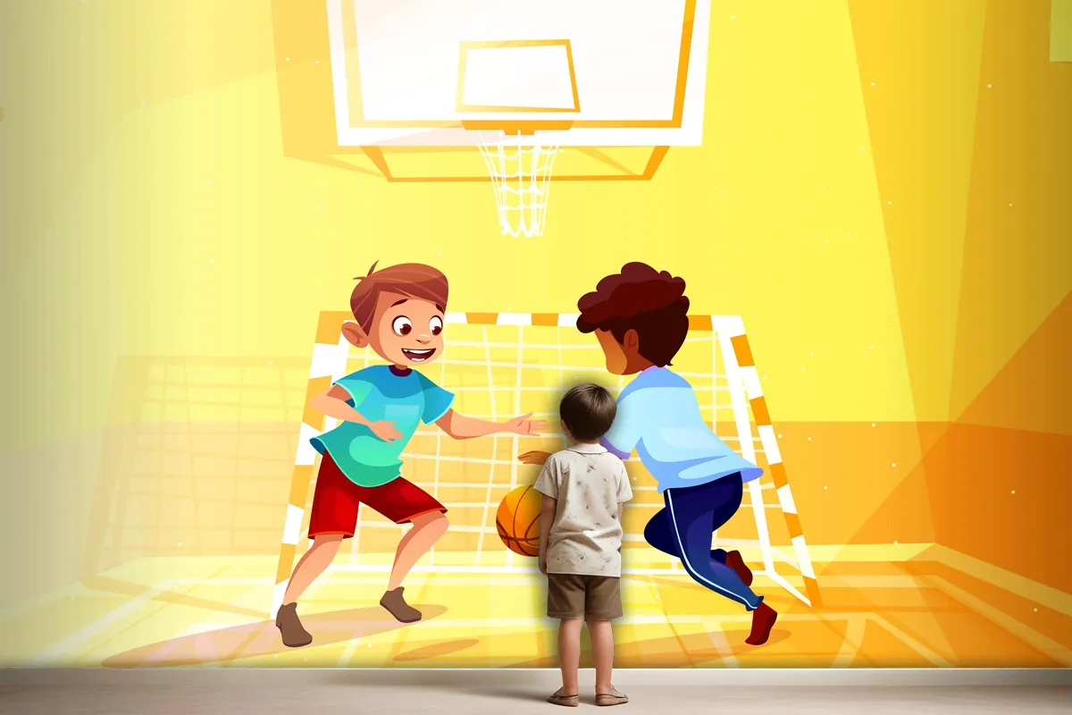 Boys Playing Basketball Kid With Ball In School Wallpaper Mural