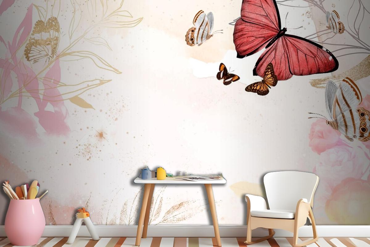 Butterfly Background Aesthetic Border With Flowers Wallpaper Mural