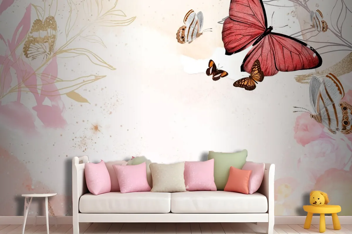 Butterfly Background Aesthetic Border With Flowers Wallpaper Mural