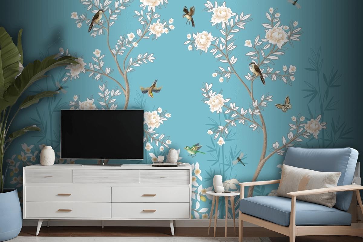 Chinoiserie Mural With Peonies And Birds Wallpaper Mural