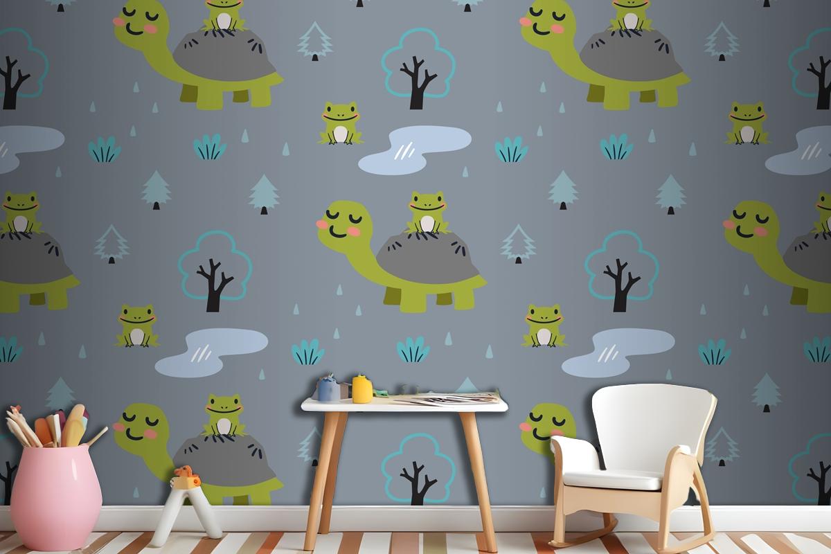 Cartoon Animals Pattern With Cute Mom Turtle And Frogs Wallpaper Mural