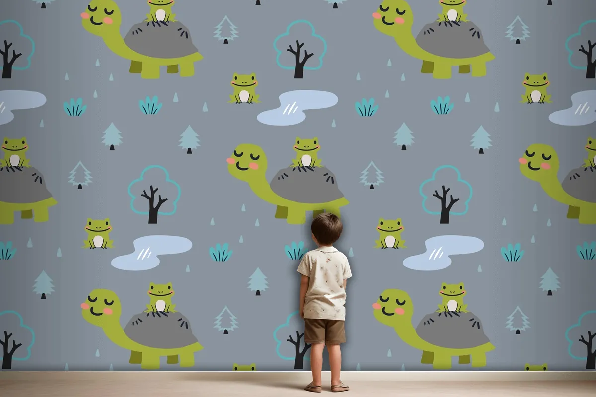 Cartoon Animals Pattern With Cute Mom Turtle And Frogs Wallpaper Mural