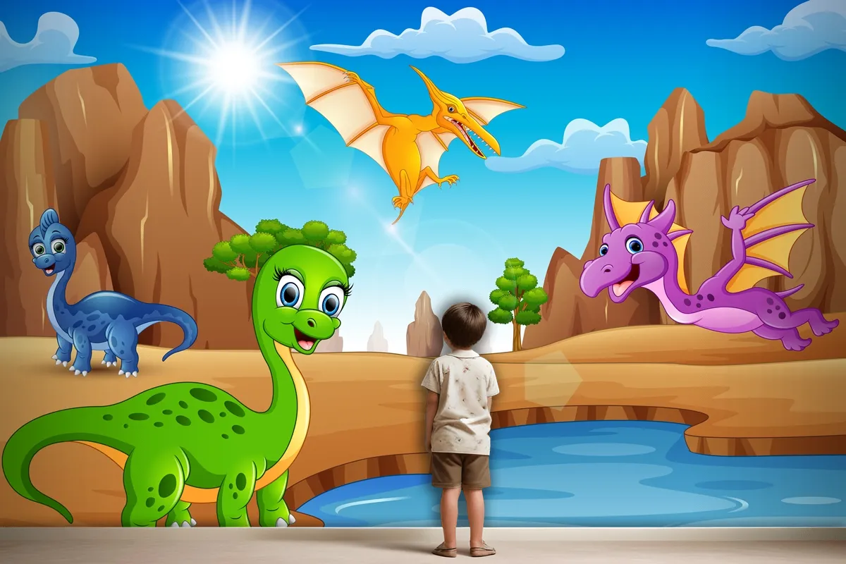 Cartoon Happy Dinosaurs Living In The Desert Wallpaper Mural