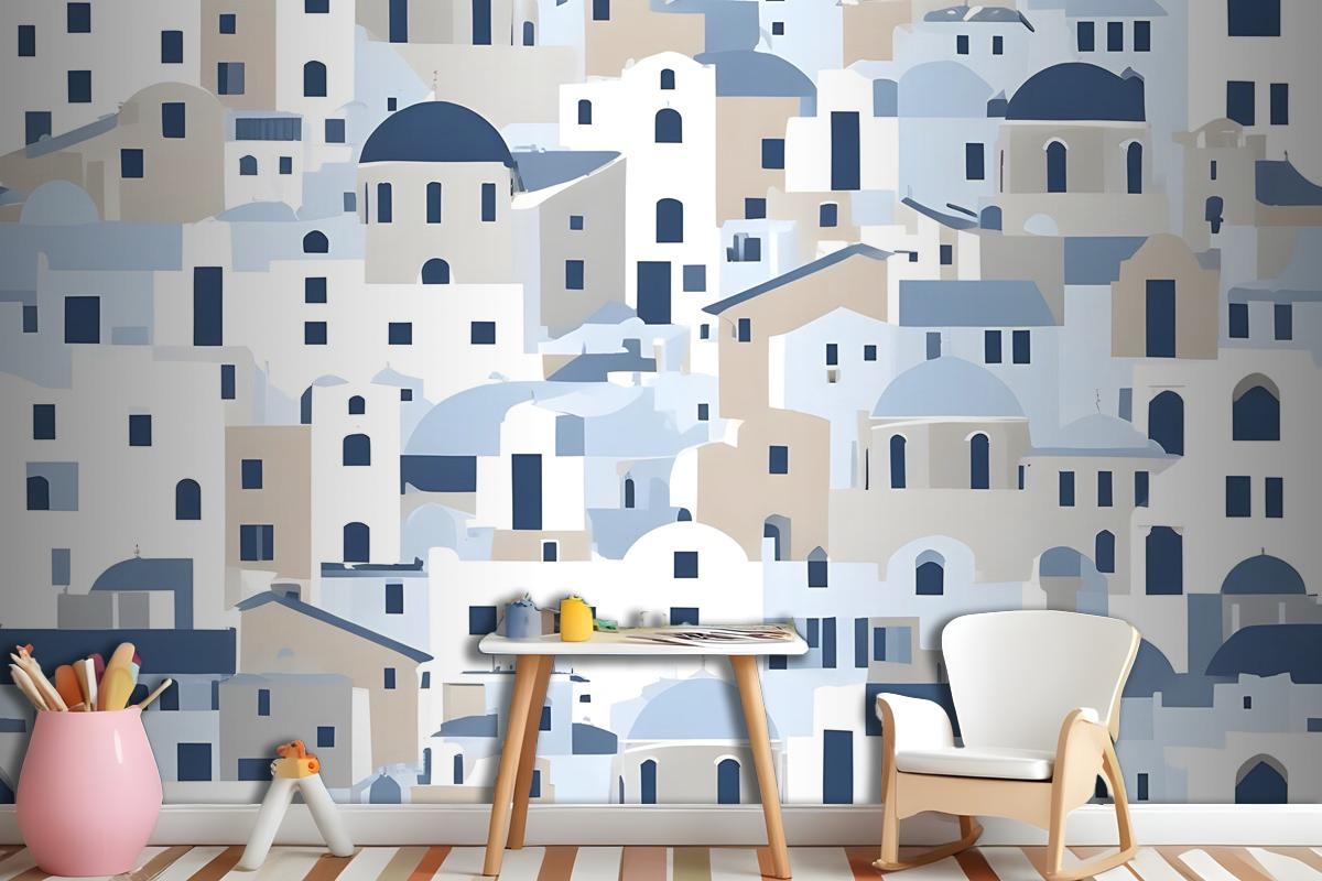 Cartoon Old Blue Greek House Wallpaper Mural