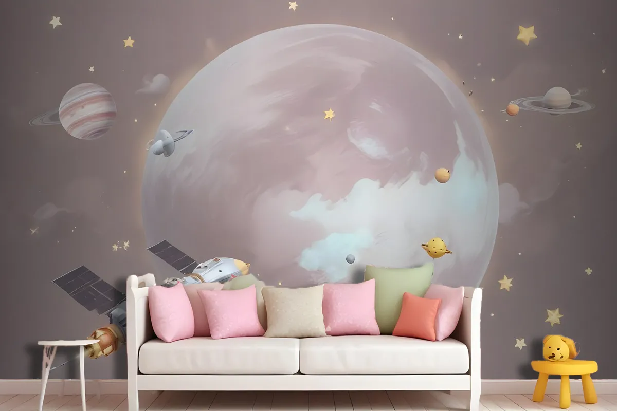 Cartoon Planets And Starry Space Wallpaper Mural