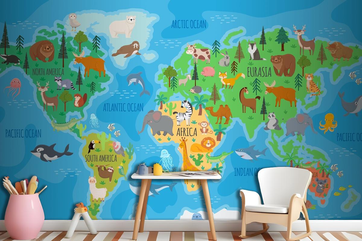 Cartoon World Map For Kids Nursery With Forest Animals Wallpaper Mural