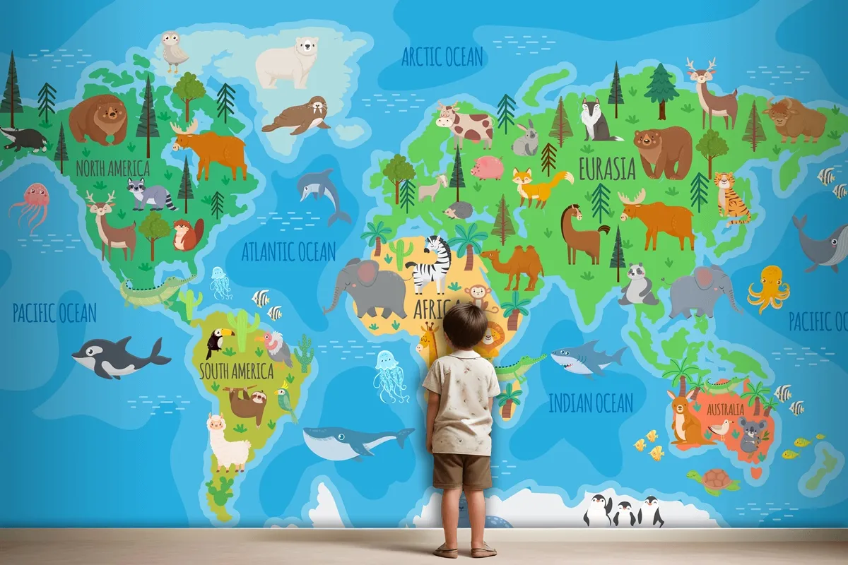 Cartoon World Map For Kids Nursery With Forest Animals Wallpaper Mural