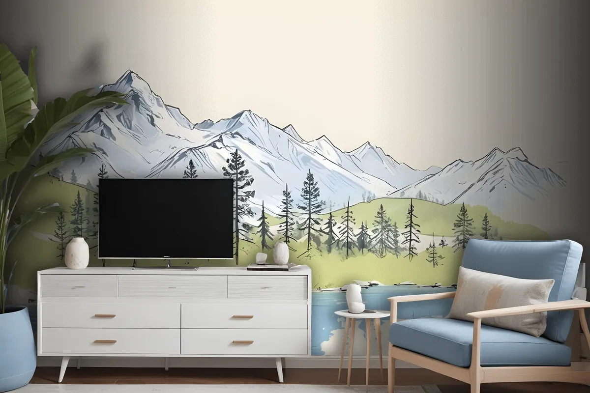 Charcoal Mountain Landscape With Lake And Pine Trees Wallpaper Mural