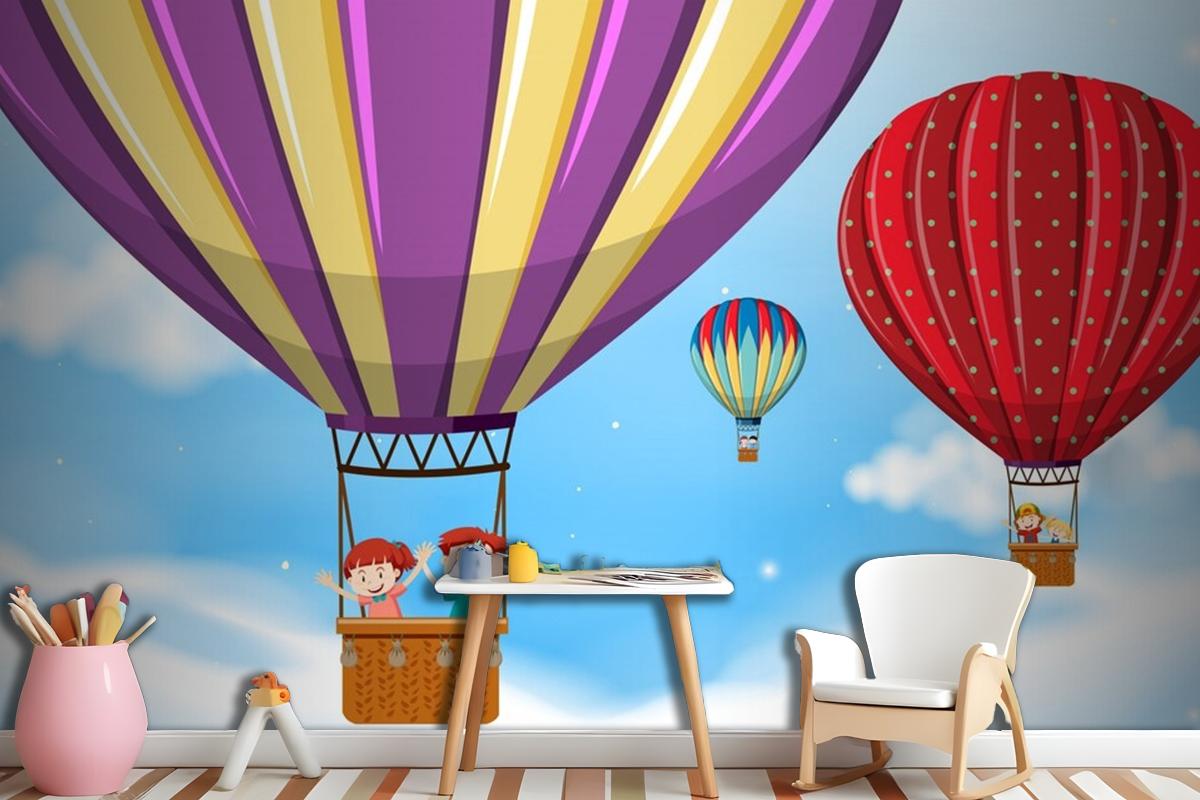 Children Riding Hot Air Balloon Wallpaper Mural