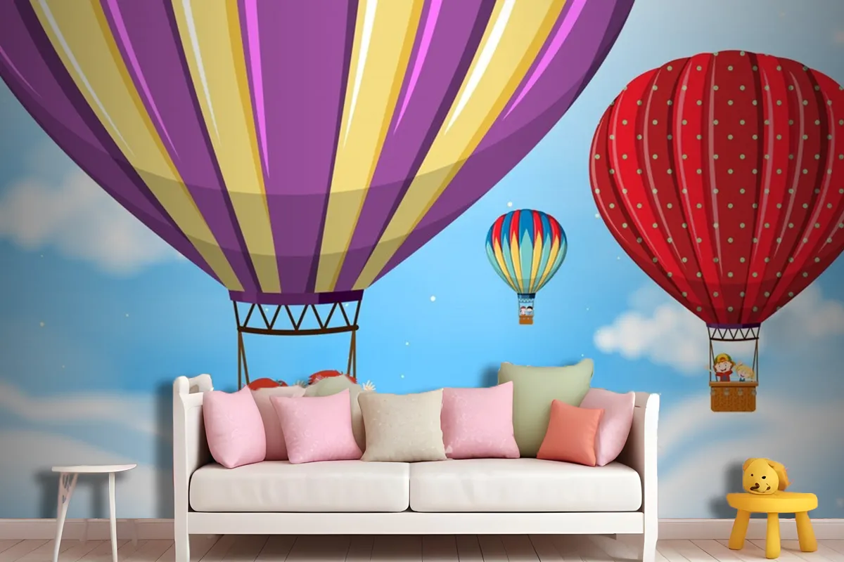 Children Riding Hot Air Balloon Wallpaper Mural