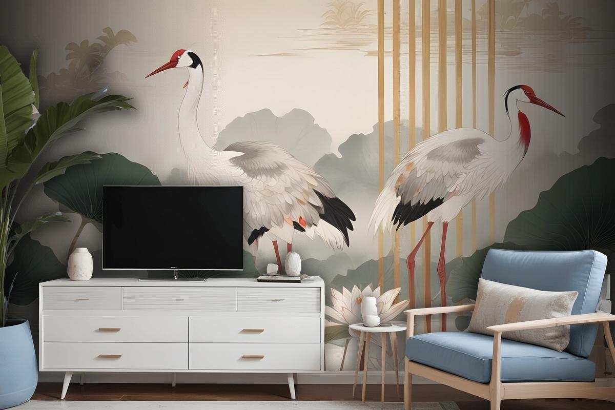 Chinese Crane Birds With Lotus Florals Wallpaper Mural