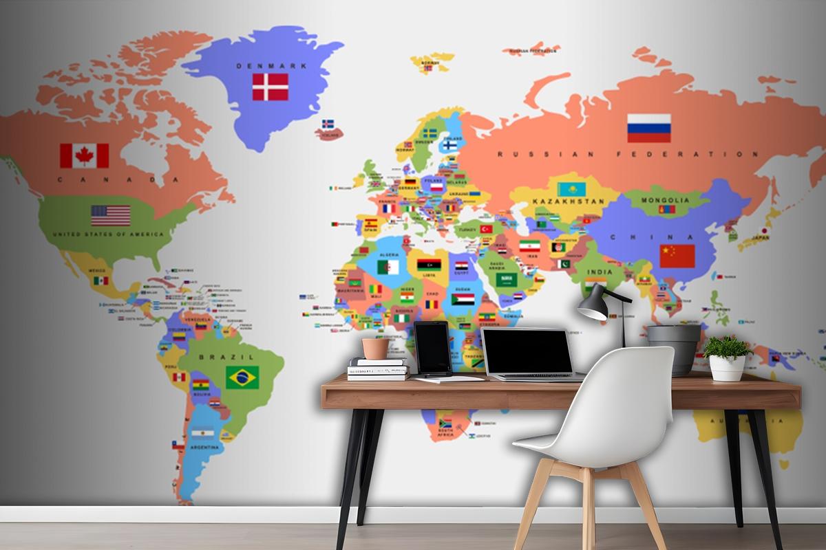 Color World Map With The Names Of Countries And National Flags Wallpaper Mural