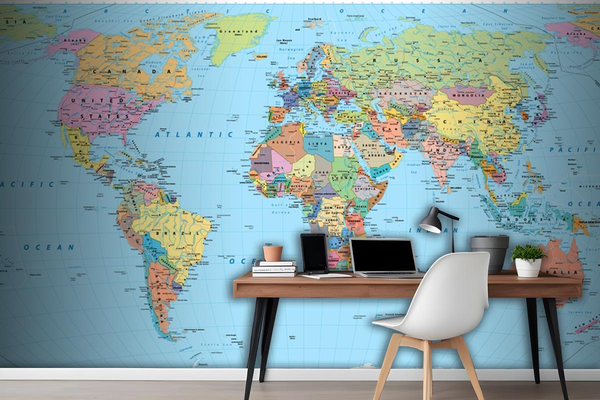 Colored World Map Borders Countries Roads And Cities Wallpaper Mural