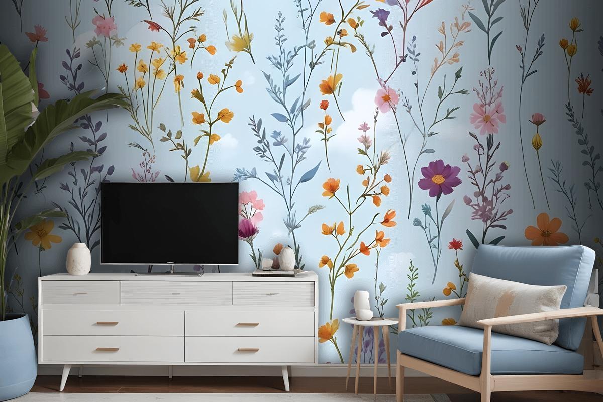 Colorful Blossoms Blue Wallpaper Mural